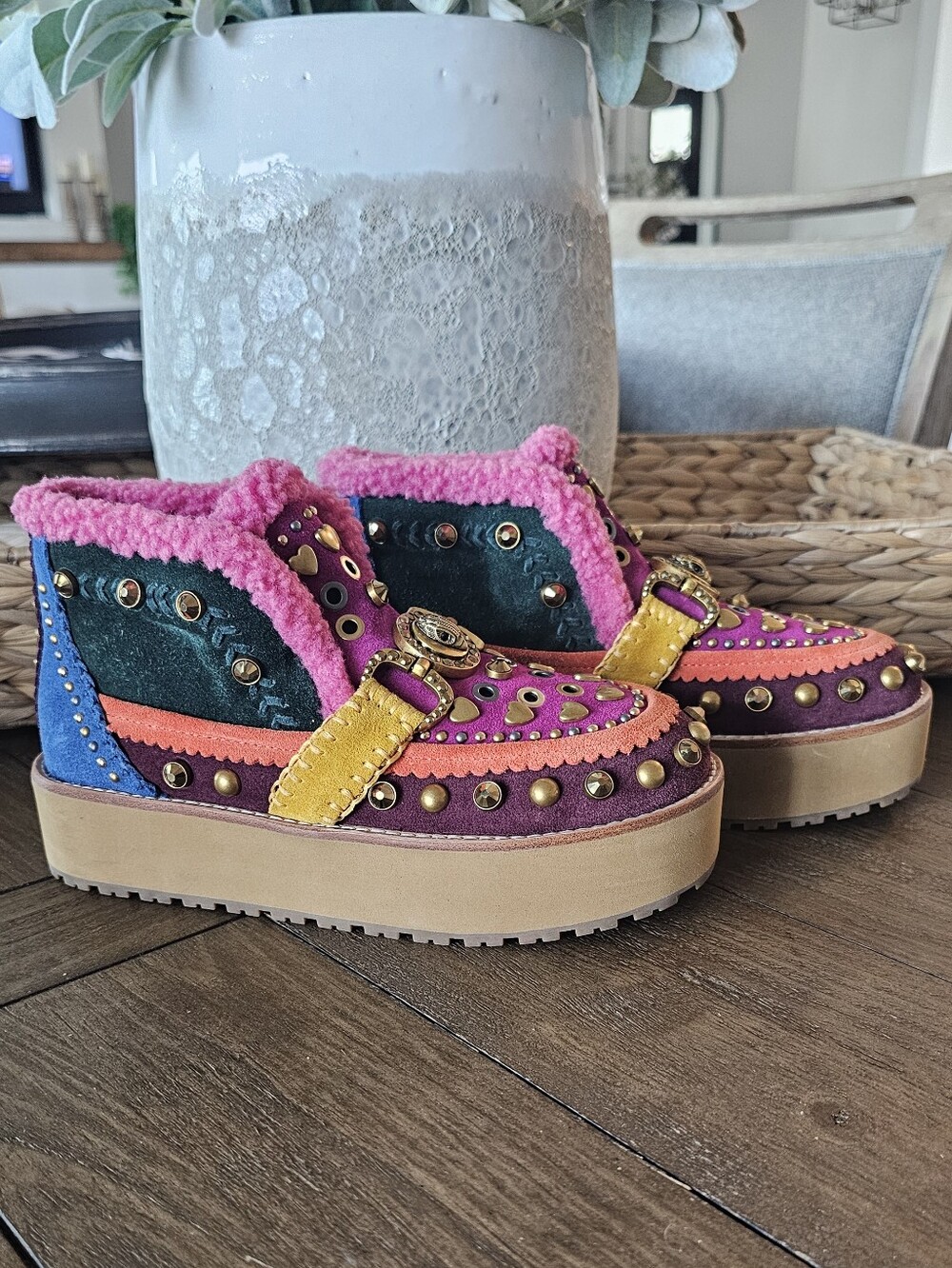 Kurt Geiger Multicolor Suede Platform Boots - Pink, Yellow, Blue Womens Sz 5 NEW